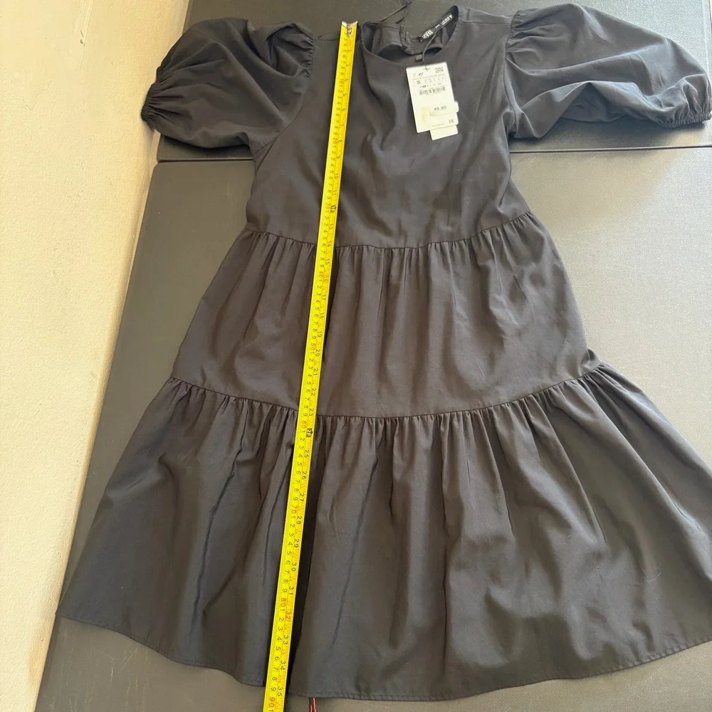 ZARA Puff Sleeve Tiered Mini Dress Size S Black Cut Out Tie Back
